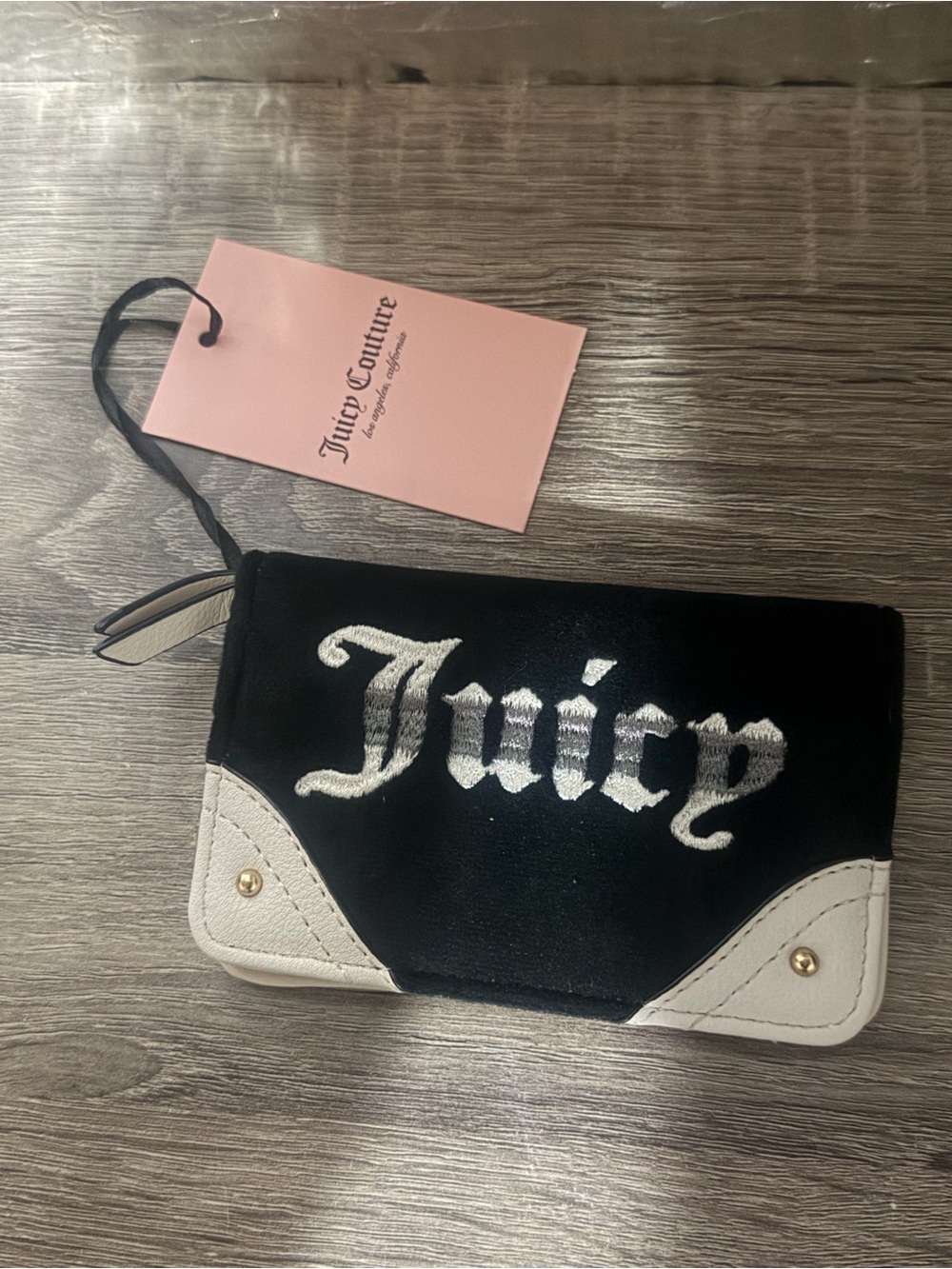 Juicy Couture Black and White Embroidered 'Juicy' Wristlet